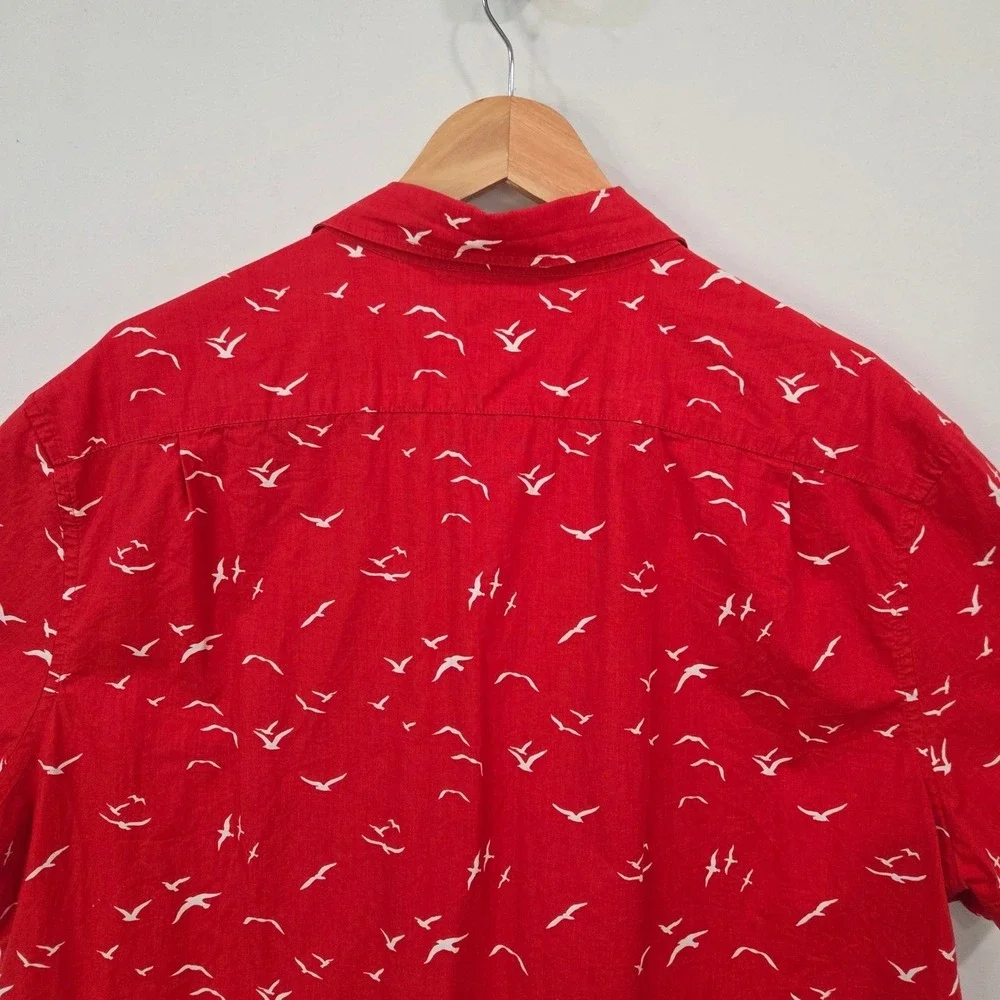 J.Crew‎ Mens Red Cotton Button Down Shirt XL Bird Print Slim Fit Casual Preppy